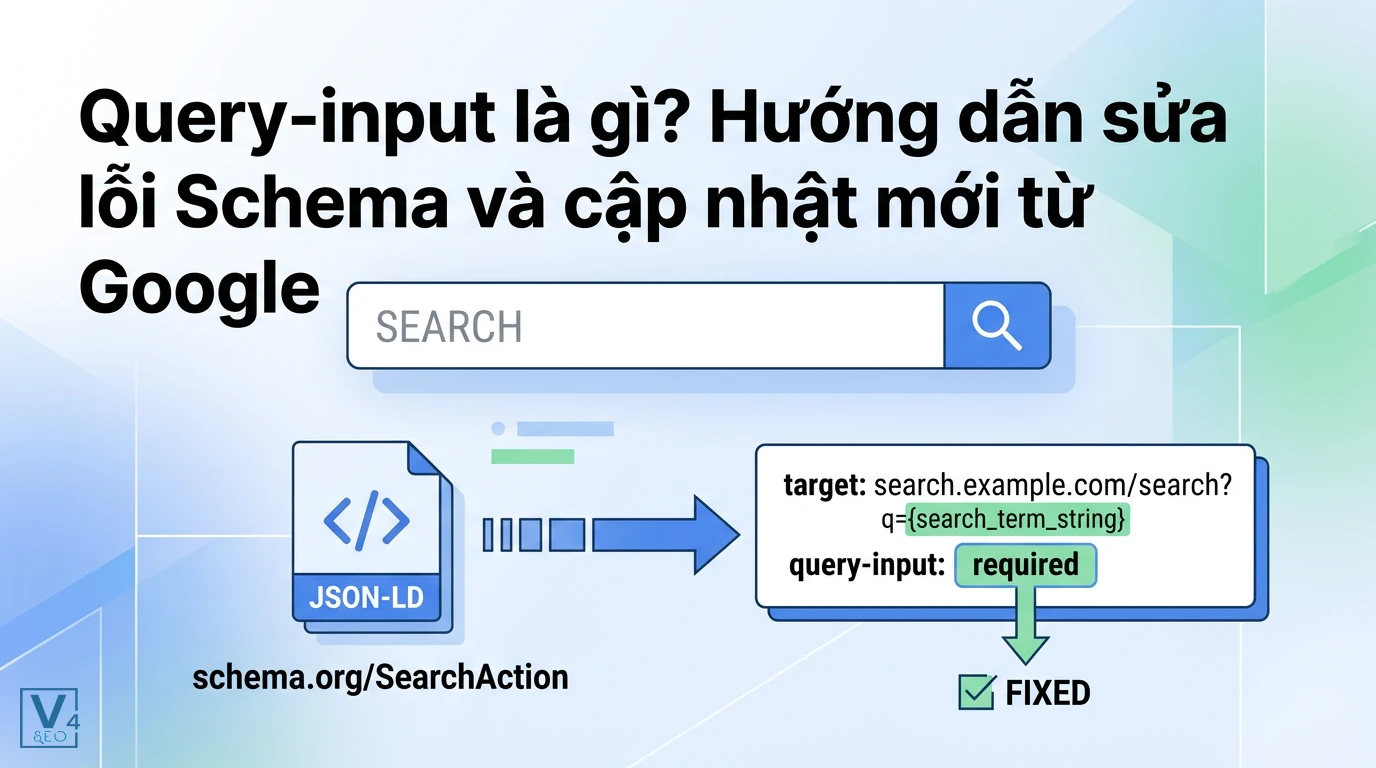 Mô hình kết nối thuộc tính query-input trong cấu trúc JSON-LD SearchAction để sửa lỗi Schema Sitelinks Searchbox