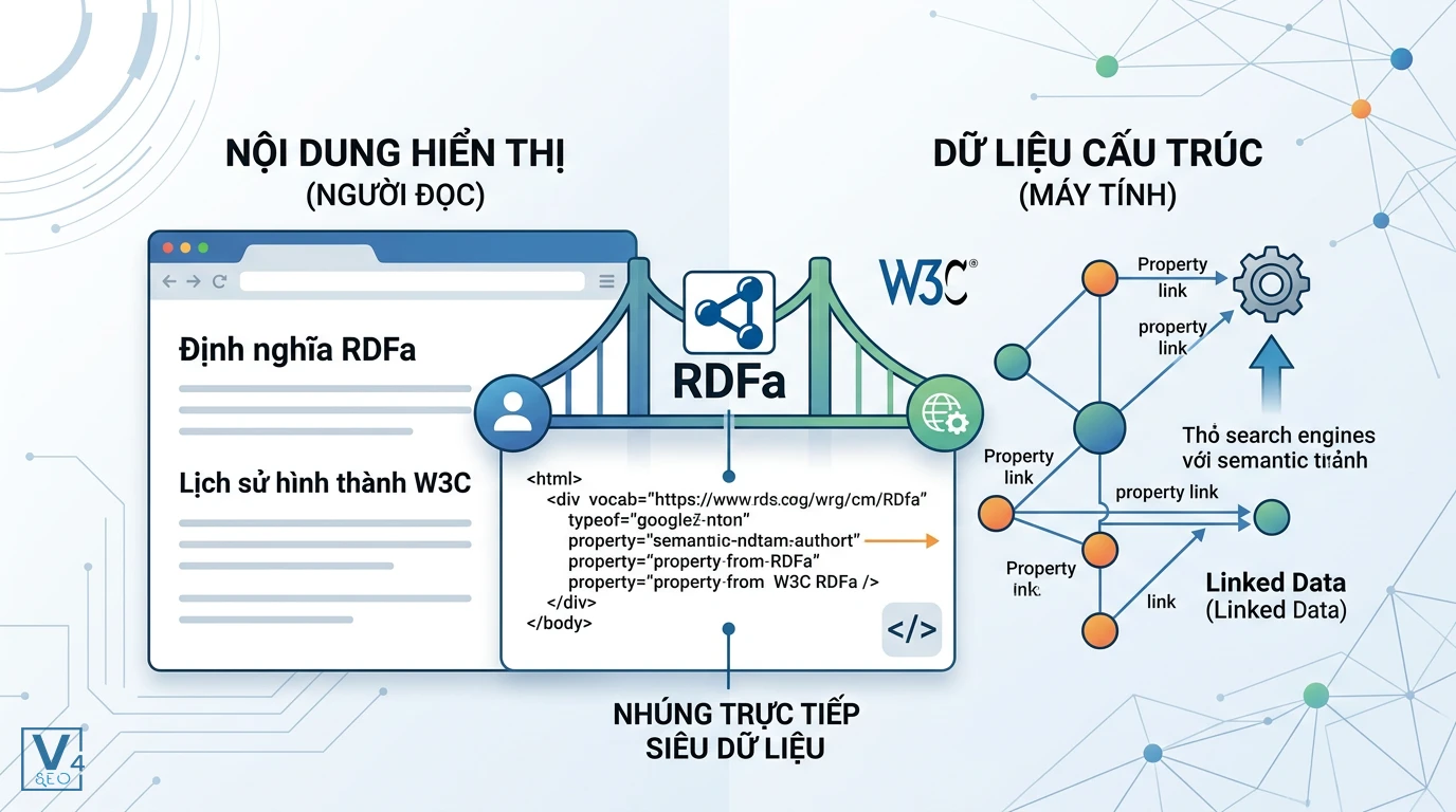 Mô hình cầu nối dữ liệu của RDFa RDFa hoạt động như một cầu nối liên kết nội dung hiển thị của người dùng với dữ liệu cấu trúc dành cho máy tính.
