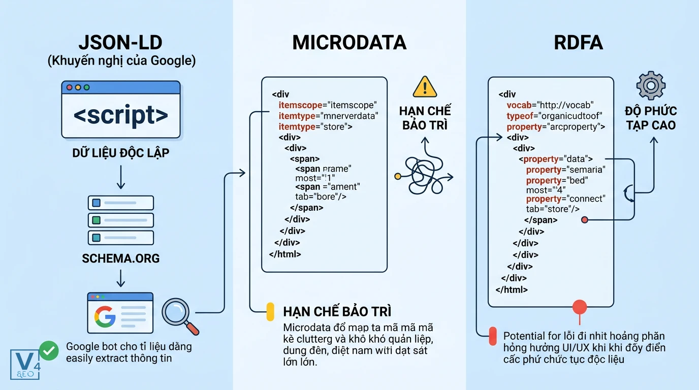 so-sanh-rdfa-microdata-json-ld So sánh cấu trúc code của JSON-LD, Microdata và RDFa chỉ ra sự phức tạp và rủi ro lỗi giao diện của RDFa.