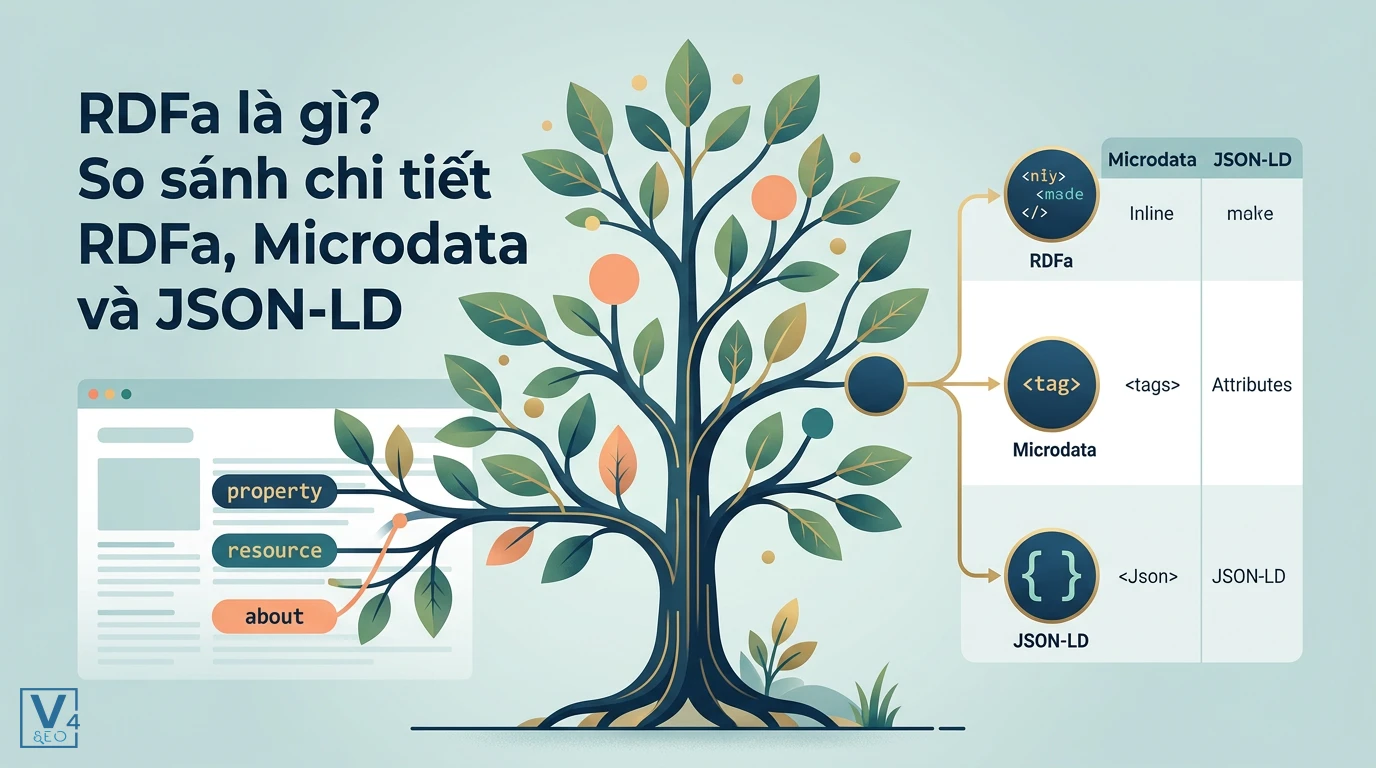 Mô hình cây dữ liệu cấu trúc biểu thị sự khác biệt giữa RDFa, Microdata và JSON-LD trong tối ưu hóa SEO.