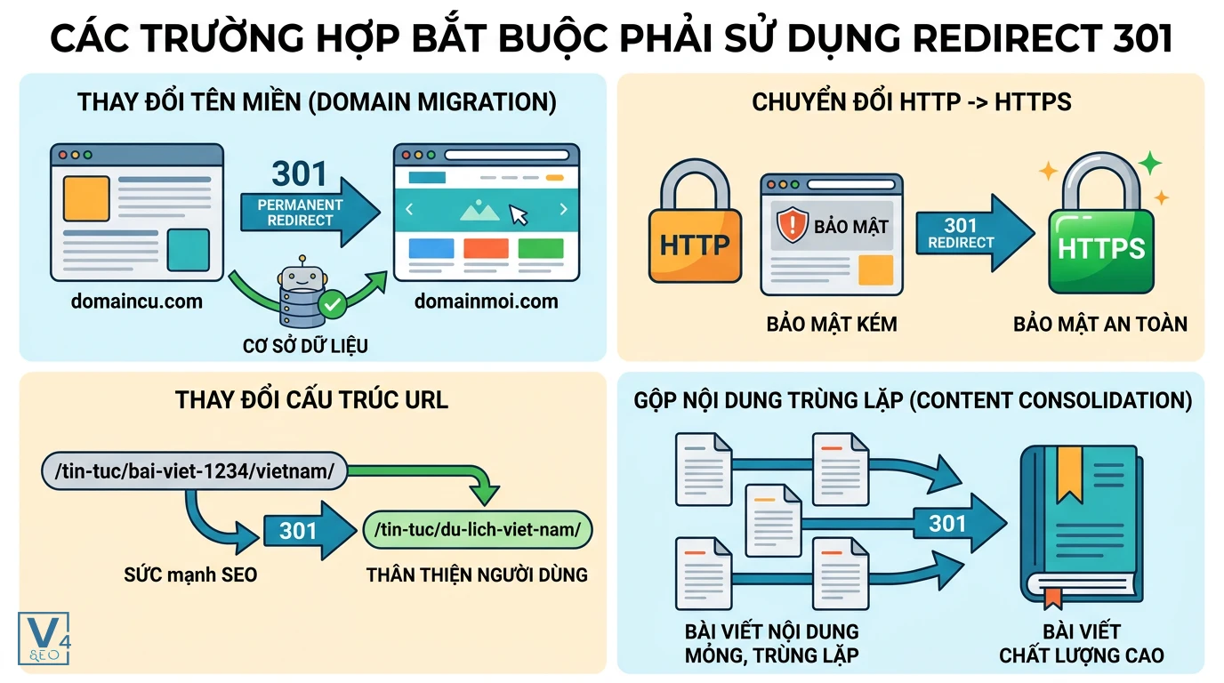 cac-truong-hop-su-dung-redirect-301 Sơ đồ minh họa 4 trường hợp cần áp dụng redirect 301 là gì để tối ưu SEO và bảo mật website.