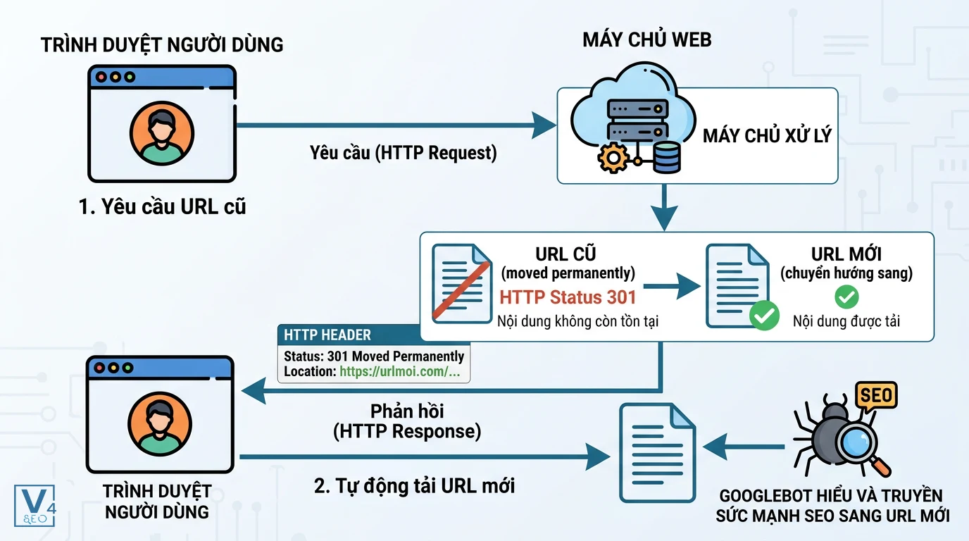 co-che-hoat-dong-redirect-301 Sơ đồ cơ chế hoạt động của redirect 301 là gì khi chuyển hướng URL cũ sang URL mới và truyền sức mạnh SEO.