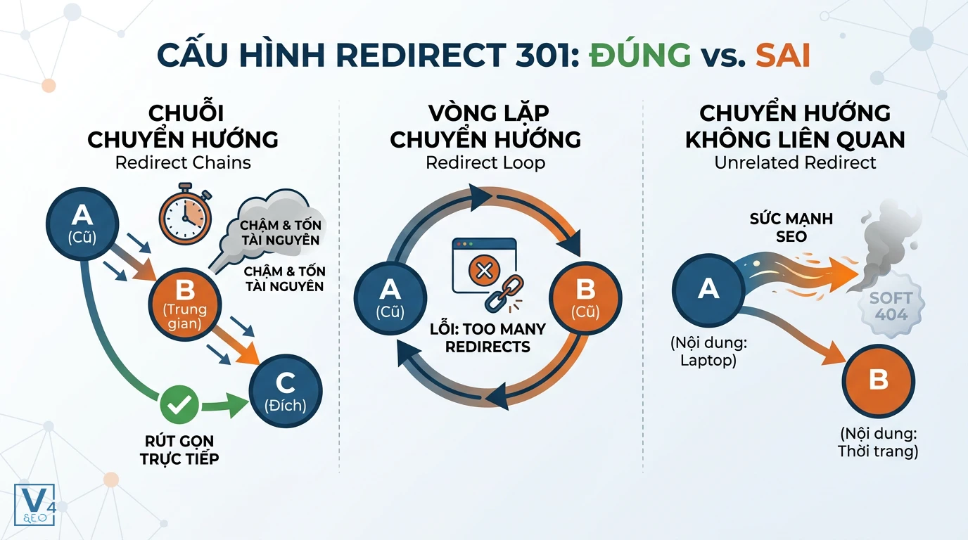 cau-hinh-redirect-301-dung-va-sai So sánh cấu hình redirect 301 đúng và sai qua các lỗi chuỗi chuyển hướng, vòng lặp và chuyển hướng không liên quan.