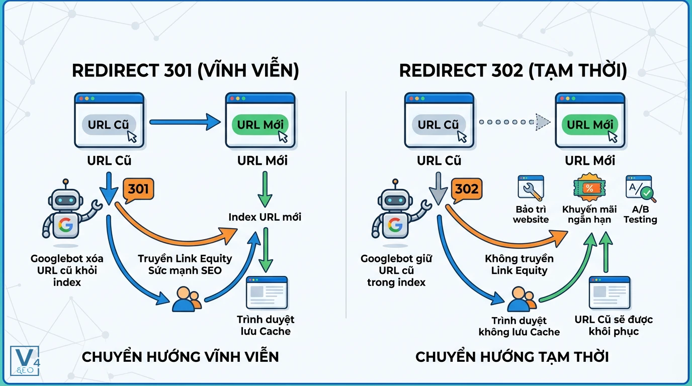 so-sanh-redirect-301-va-302 Sơ đồ so sánh cơ chế hoạt động và tác động SEO giữa chuyển hướng vĩnh viễn 301 và chuyển hướng tạm thời 302.