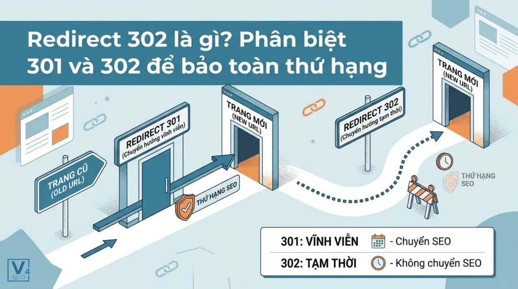 Redirect 302 là gì? Phân biệt 301, 302 và cách cấu hình chuẩn 4 Sơ đồ so sánh cơ chế chuyển hướng vĩnh viễn 301 và chuyển hướng tạm thời redirect 302 trong SEO