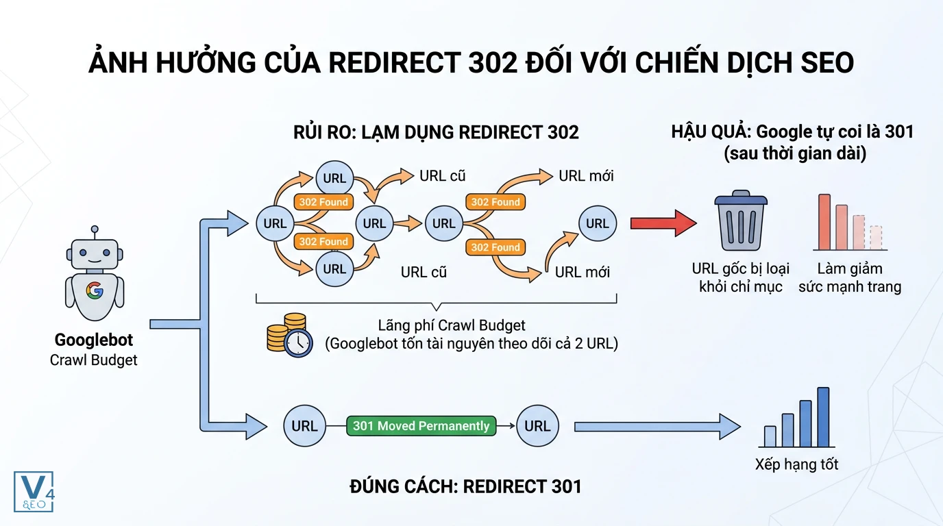 tac-dong-cua-redirect-302-den-seo Sơ đồ so sánh tác động tiêu cực của lạm dụng redirect 302 gây lãng phí crawl budget với hiệu quả của redirect 301.
