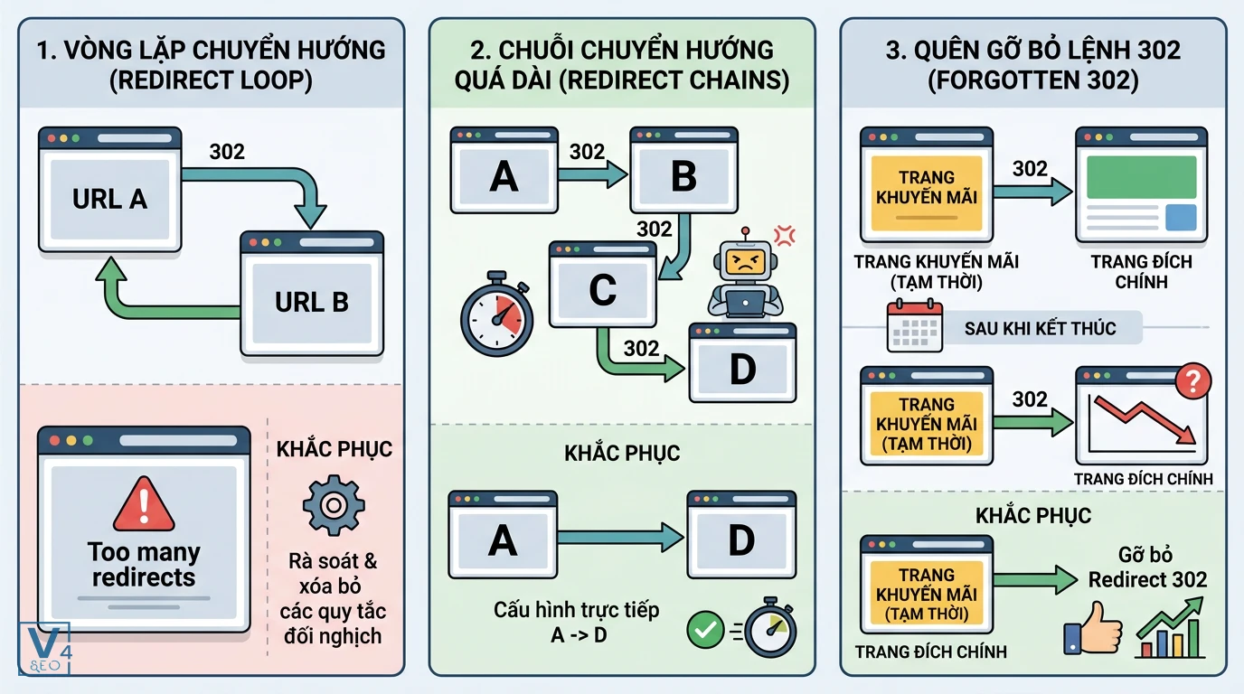 loi-va-cach-khac-phuc-redirect-302 Ba lỗi cấu hình redirect 302 thường gặp gồm vòng lặp, chuỗi chuyển hướng dài, quên gỡ lệnh và cách khắc phục.