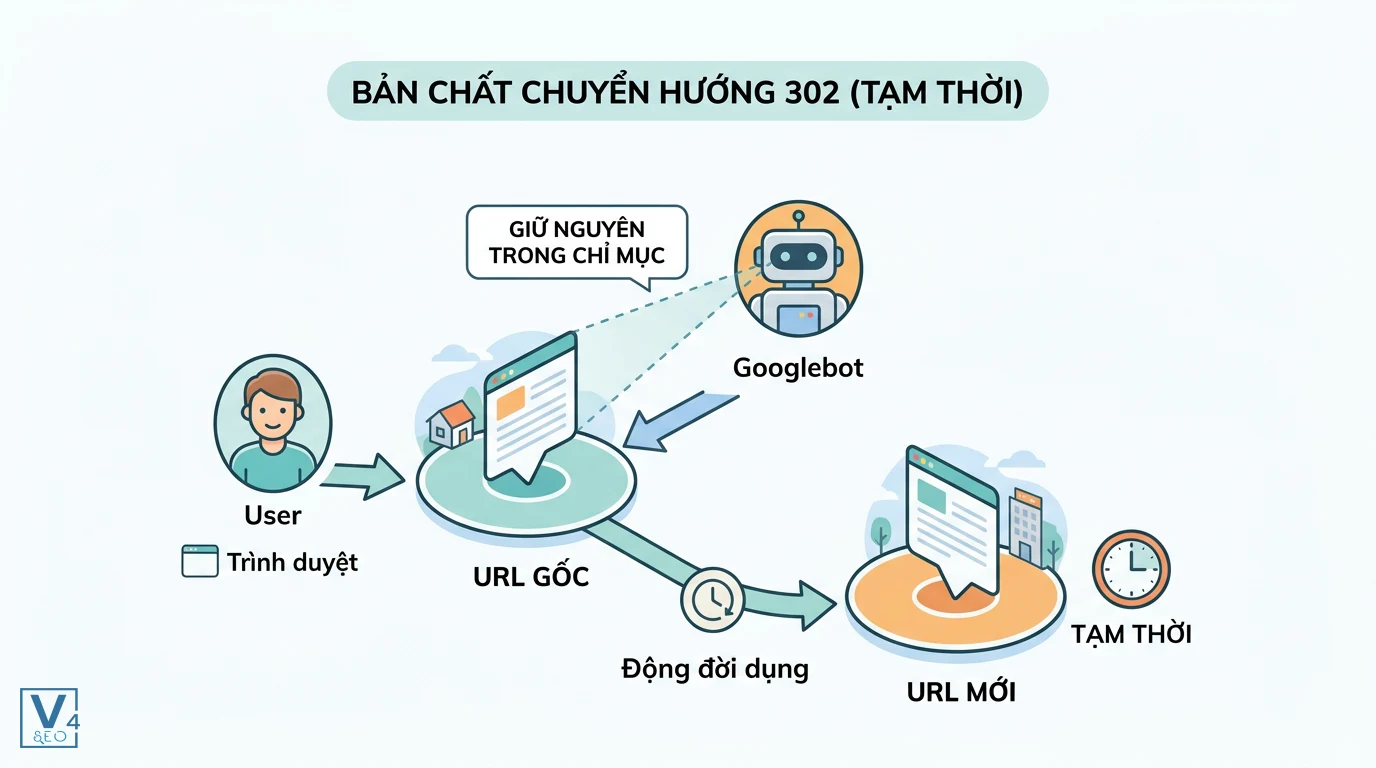 co-che-hoat-dong-redirect-302 Sơ đồ cơ chế hoạt động của redirect 302 là gì khi chuyển hướng người dùng tạm thời nhưng giữ nguyên chỉ mục URL gốc