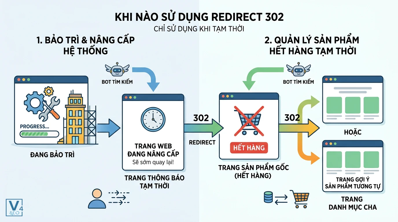 ung-dung-redirect-302-tam-thoi Sơ đồ ứng dụng redirect 302 là gì trong bảo trì website và xử lý trang sản phẩm hết hàng tạm thời.