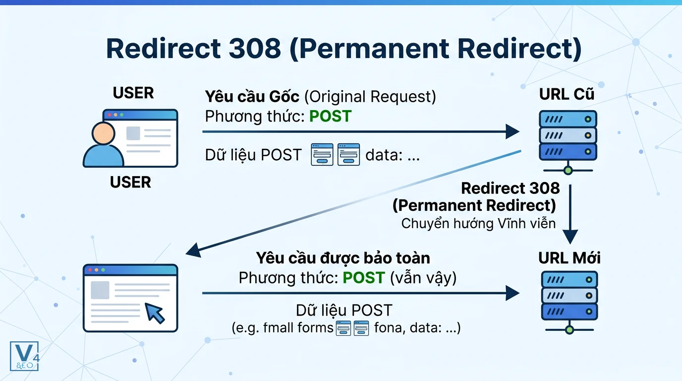 co-che-hoat-dong-redirect-308 Sơ đồ cơ chế hoạt động của redirect 308 giúp bảo toàn phương thức POST và dữ liệu gốc khi chuyển hướng vĩnh viễn.