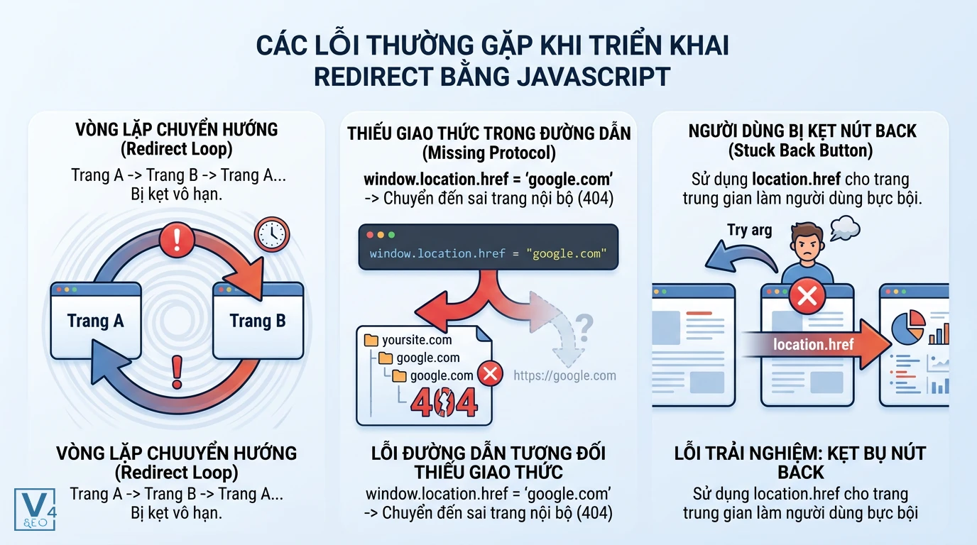 cac-loi-khi-redirect-bang-javascript Ba sai lầm phổ biến khi redirect bằng JavaScript gồm vòng lặp vô hạn, thiếu giao thức URL và lỗi kẹt nút Back.