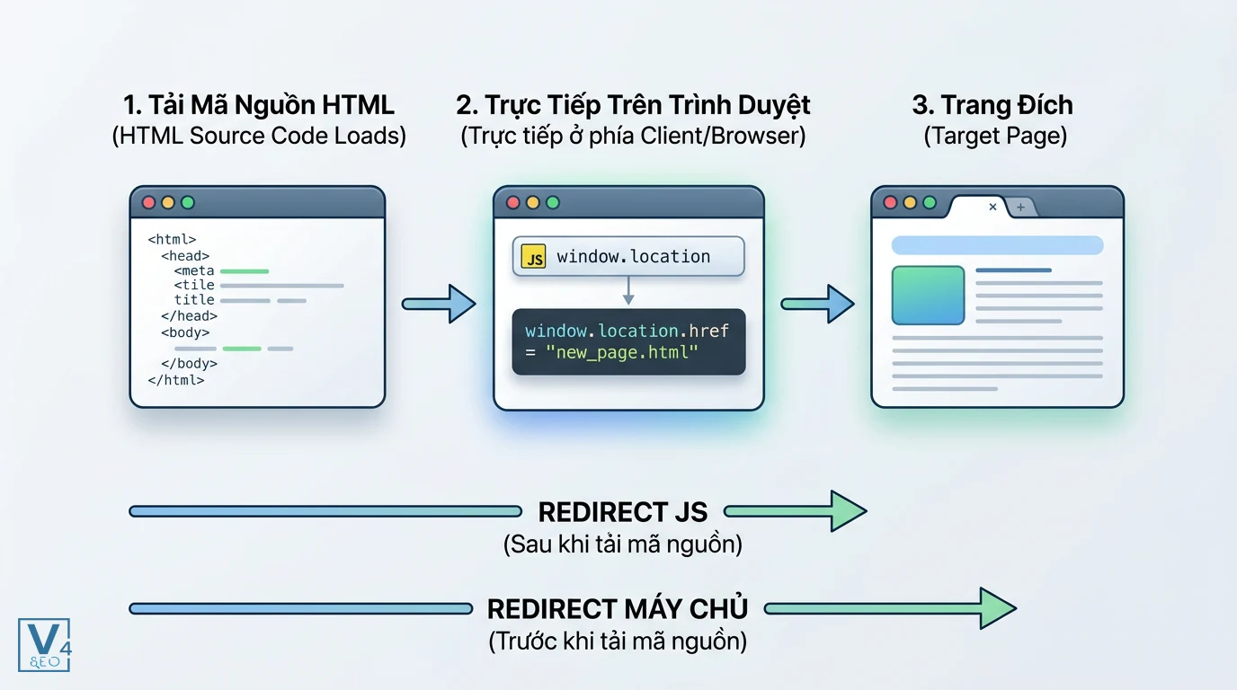 quy-trinh-hoat-dong-redirect-javascript Sơ đồ quy trình hoạt động của redirect bằng JavaScript là gì từ lúc tải HTML đến khi chuyển hướng ở client.