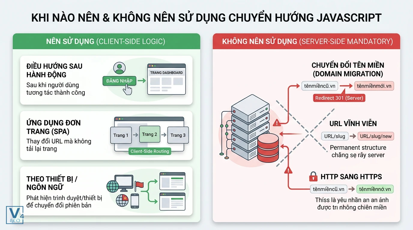 so-sanh-truong-hop-dung-js-redirect Bảng so sánh các trường hợp nên và không nên dùng redirect bằng JavaScript để tối ưu SEO và trải nghiệm người dùng.