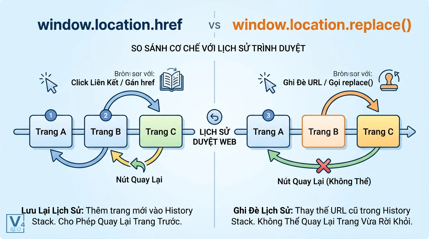 so-sanh-href-va-replace-trong-javascript Sự khác biệt về cơ chế lưu lịch sử duyệt web giữa window.location.href và window.location.replace khi redirect bằng JavaScript.