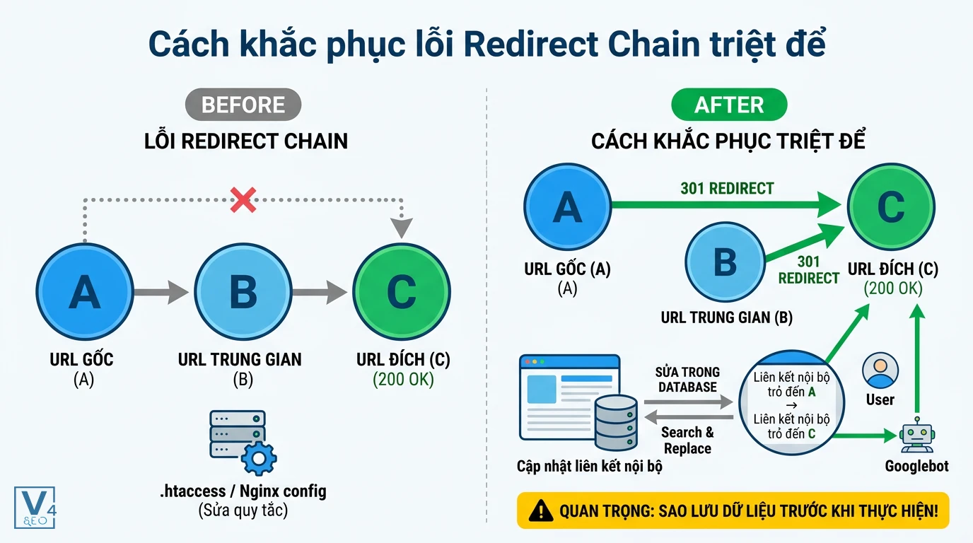 so-do-khac-phuc-redirect-chain Sơ đồ so sánh trước và sau khi sửa lỗi redirect chain bằng cách chuyển hướng trực tiếp từ URL gốc sang URL đích.
