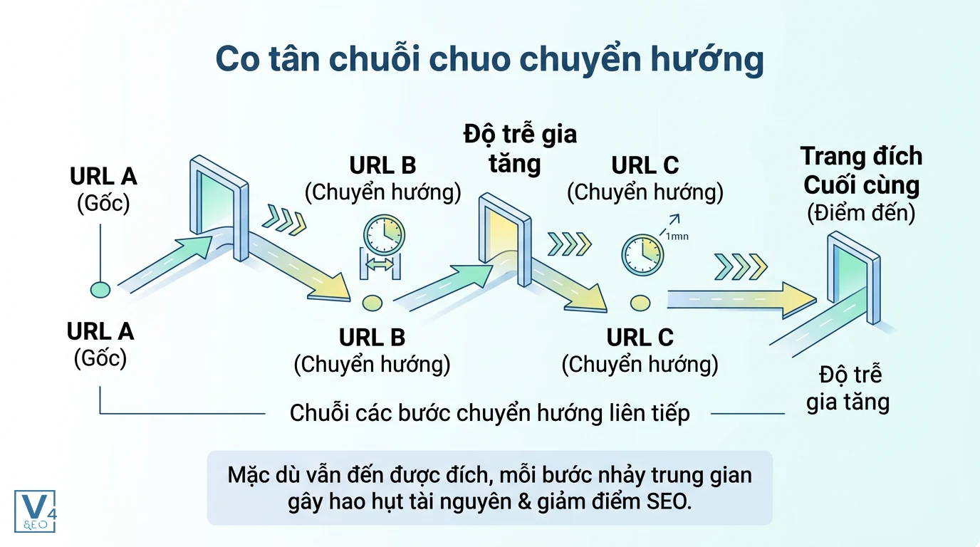 mo-hinh-redirect-chain-seo Mô hình redirect chain là gì với luồng chuyển hướng liên tiếp từ URL gốc qua các URL trung gian gây tăng độ trễ.