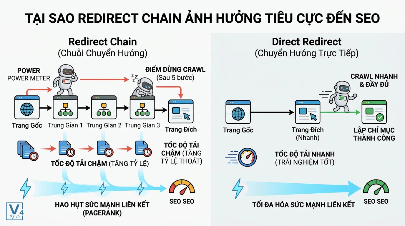 so-sanh-redirect-chain-va-direct-redirect So sánh tác hại của redirect chain với lợi ích của chuyển hướng trực tiếp đến tốc độ tải trang và ngân sách crawl.