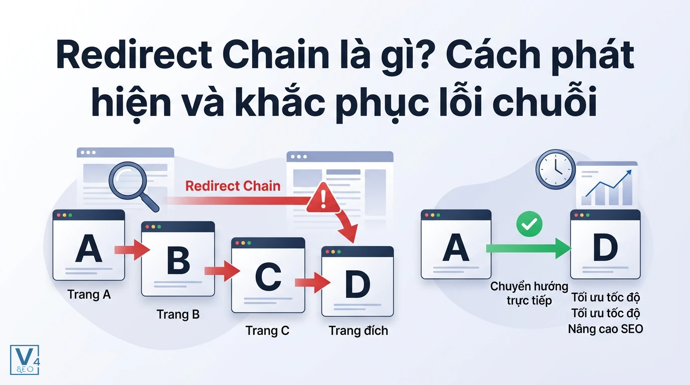 Sơ đồ so sánh lỗi chuỗi chuyển hướng liên tiếp qua nhiều trang trung gian với quy trình chuyển hướng trực tiếp tối ưu