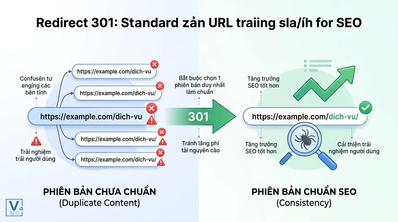 so-do-redirect-301-trailing-slash-seo Sơ đồ giải thích redirect dấu / là gì bằng cách chuyển hướng 301 từ các URL trùng lặp về một phiên bản chuẩn SEO.