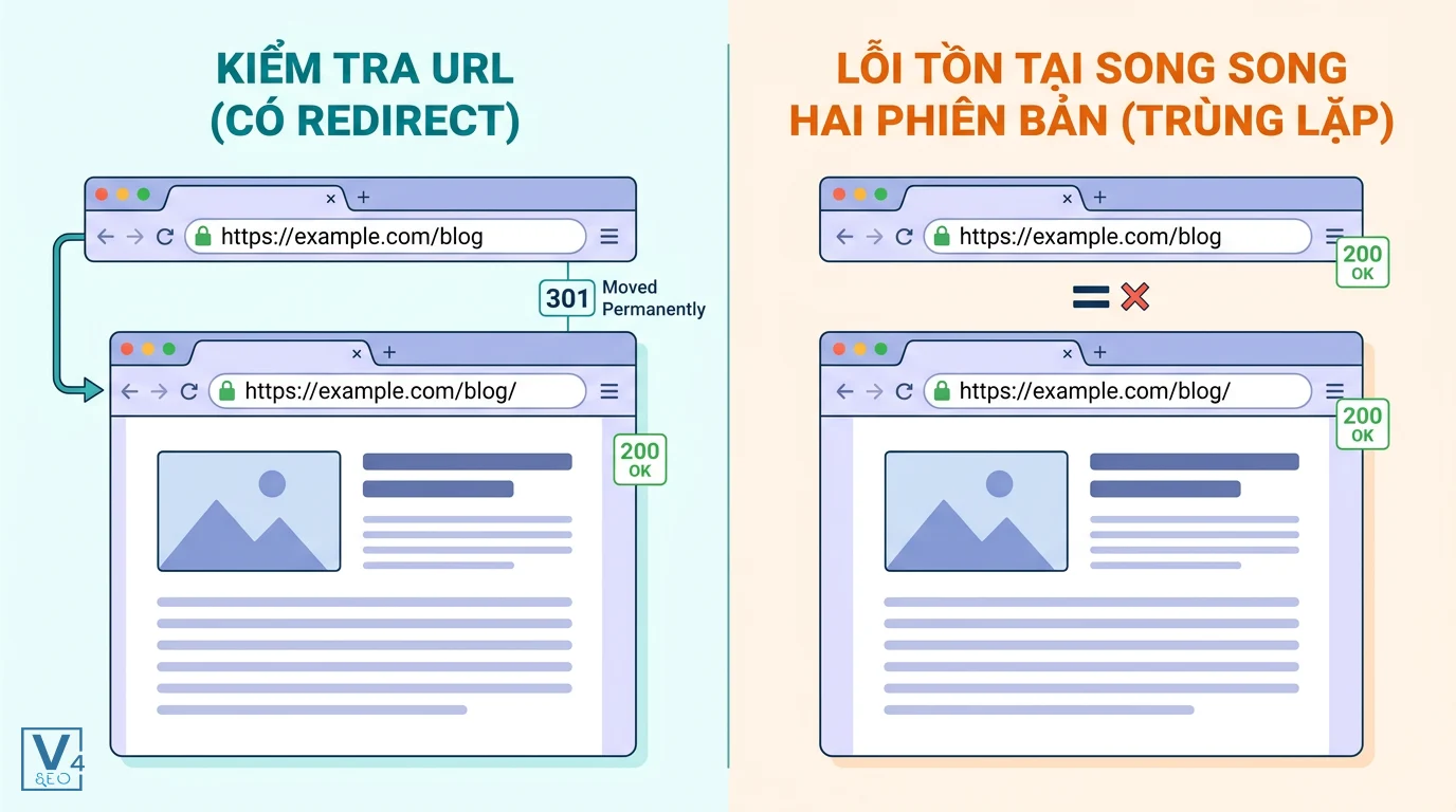 so-sanh-redirect-dau-gach-cheo-url So sánh cơ chế redirect dấu / chuẩn với lỗi trùng lặp nội dung do tồn tại song song hai phiên bản URL.