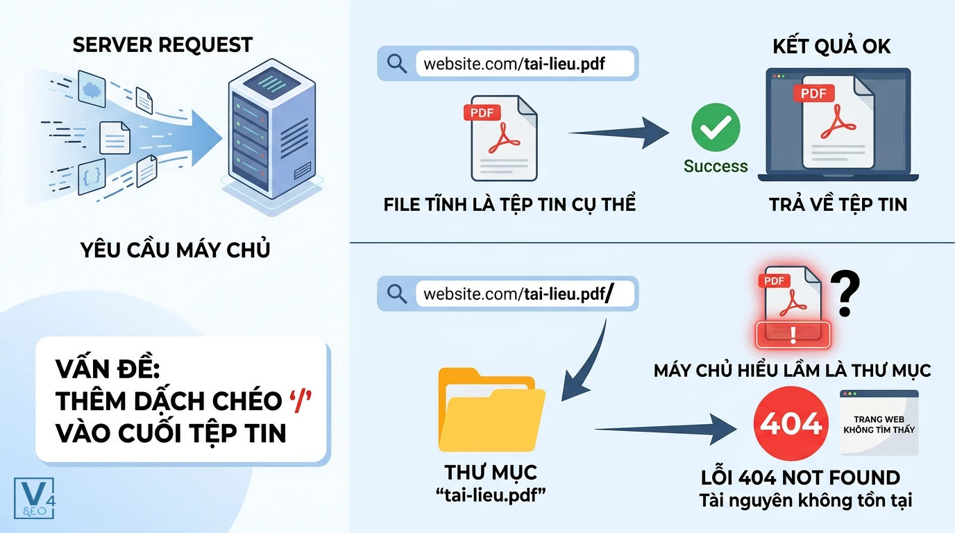 loi-404-khi-them-dau-gach-cheo-vao-file-tinh Sơ đồ giải thích lỗi 404 khi thêm dấu gạch chéo vào cuối URL của file tĩnh như PDF do máy chủ hiểu lầm là thư mục.