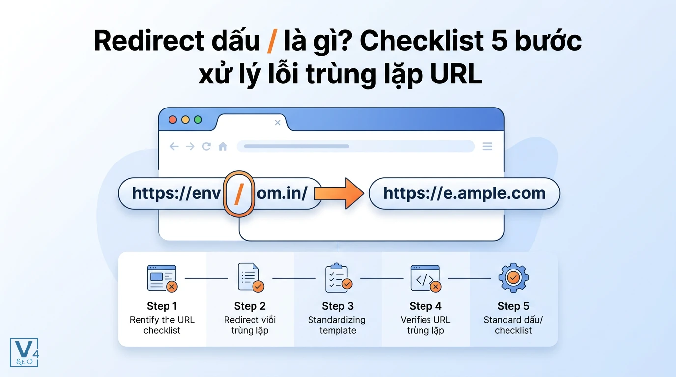 Mô hình minh họa quy trình redirect dấu gạch chéo xuôi để khắc phục lỗi trùng lặp URL trên website.
