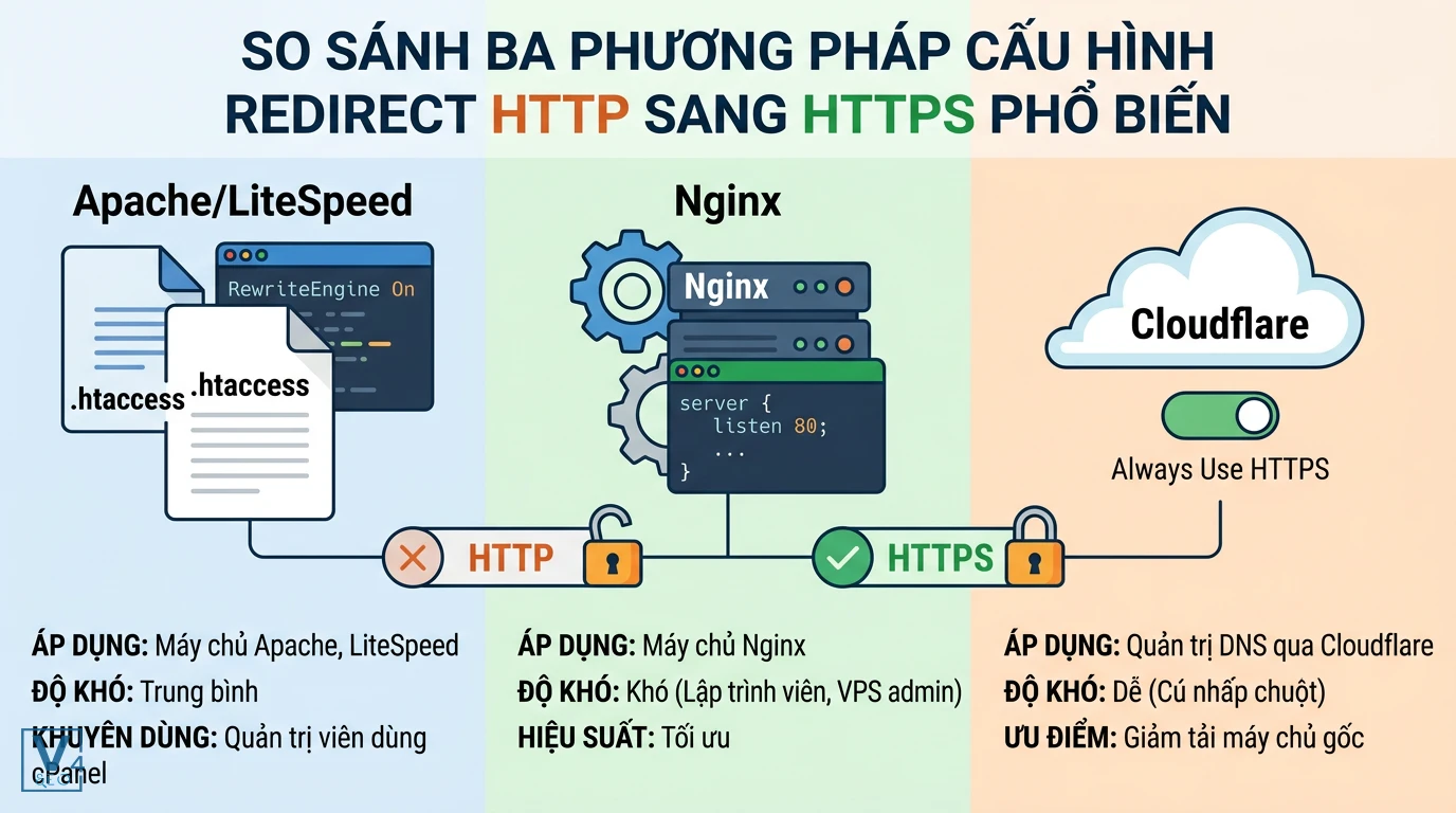 so-sanh-phuong-phap-redirect-http-sang-https Bảng so sánh 3 cách redirect HTTP sang HTTPS qua .htaccess, Nginx và Cloudflare về độ khó và đối tượng áp dụng.
