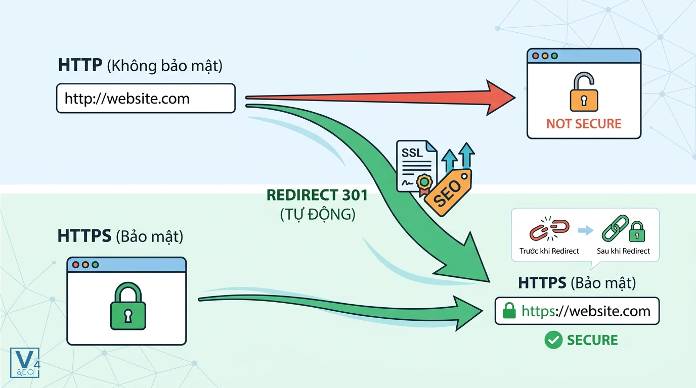 co-che-redirect-http-sang-https Sơ đồ chuyển hướng tự động từ HTTP không bảo mật sang HTTPS an toàn bằng mã Redirect 301.