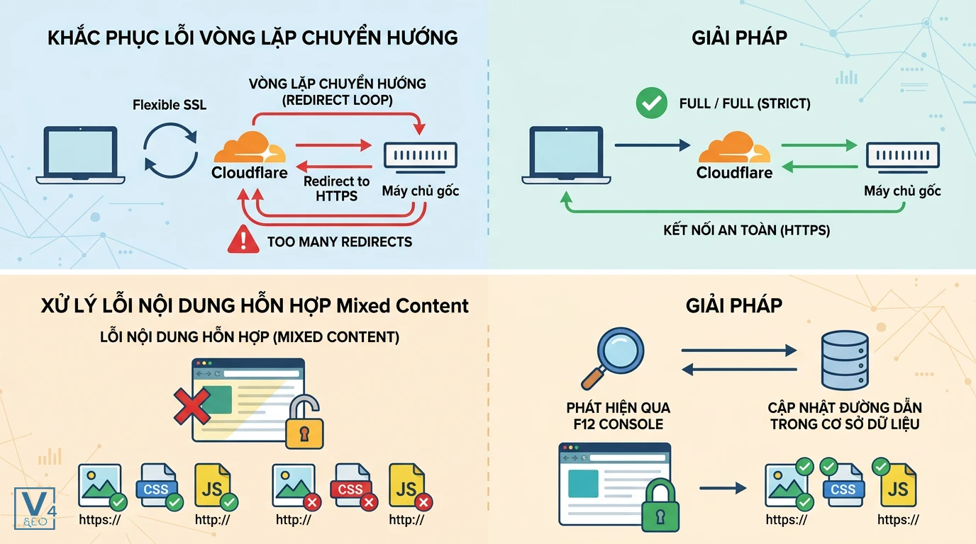 khac-phuc-loi-redirect-loop-va-mixed-content Sơ đồ nguyên nhân và cách khắc phục lỗi vòng lặp chuyển hướng cùng lỗi Mixed Content khi redirect HTTP sang HTTPS.