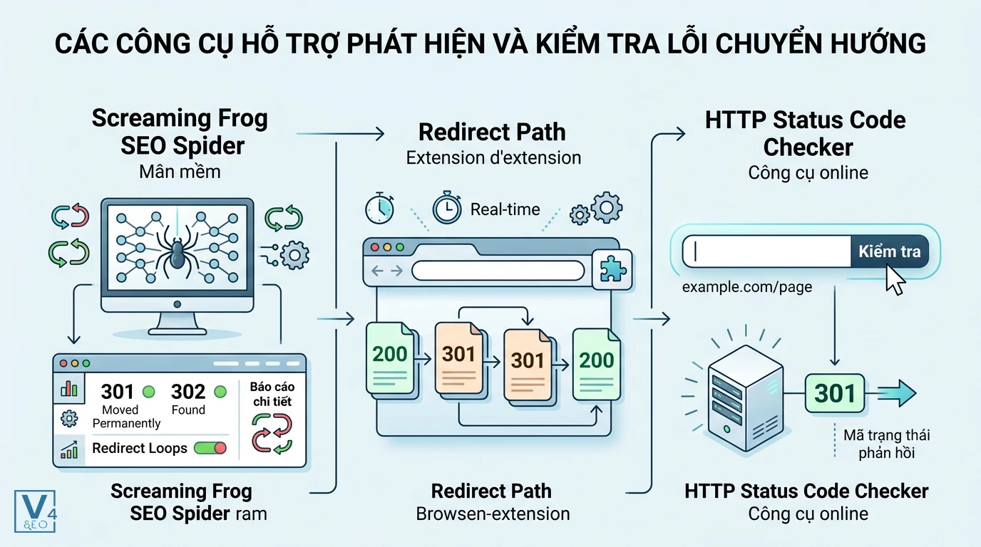 cong-cu-kiem-tra-loi-chuyen-huong Quy trình sử dụng Screaming Frog, Redirect Path và HTTP Status Code Checker để phát hiện lỗi redirect loop.