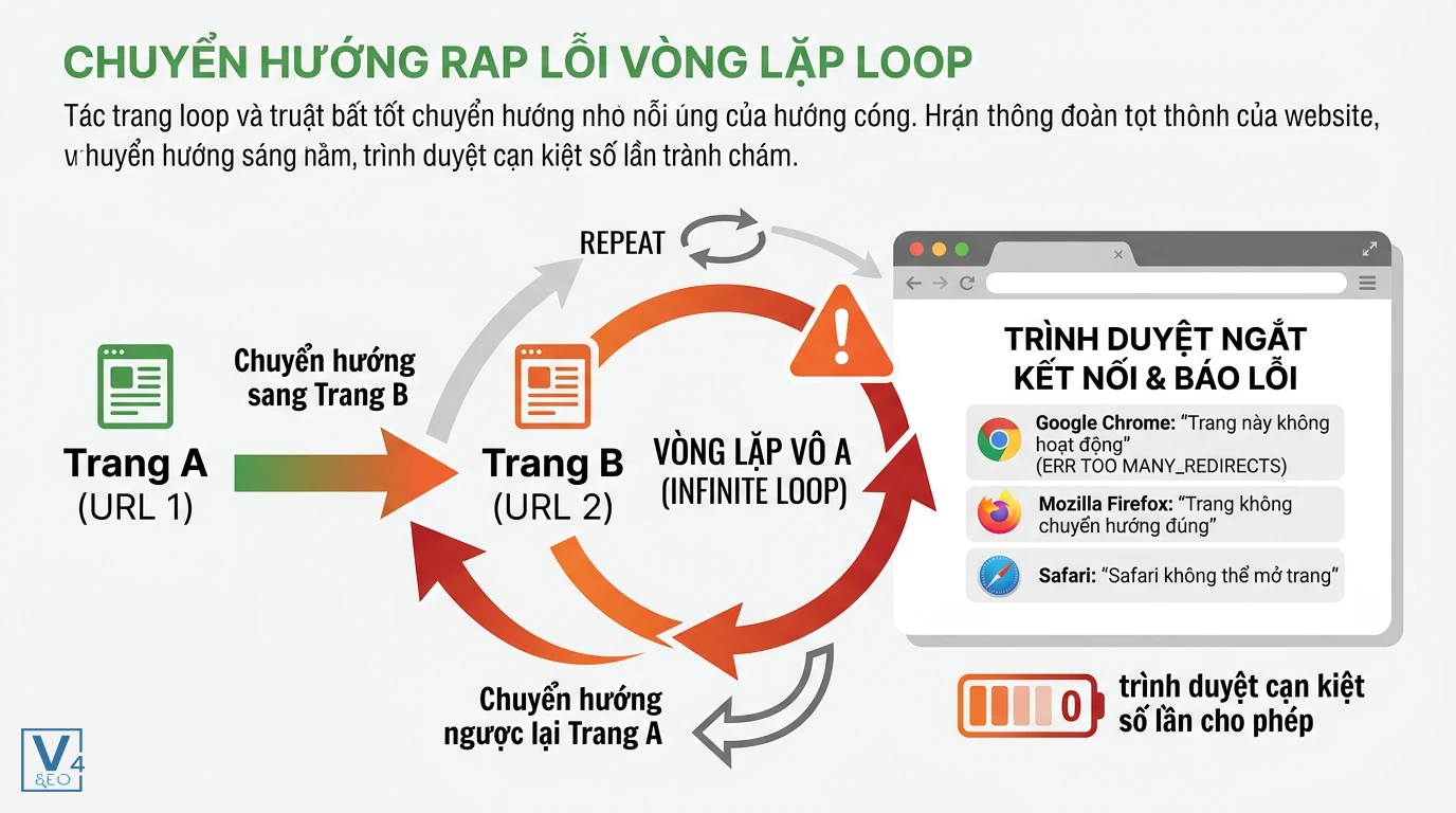co-che-loi-redirect-loop-website Sơ đồ mô tả cơ chế lỗi redirect loop là gì khi Trang A và Trang B liên tục chuyển hướng qua lại vô hạn.