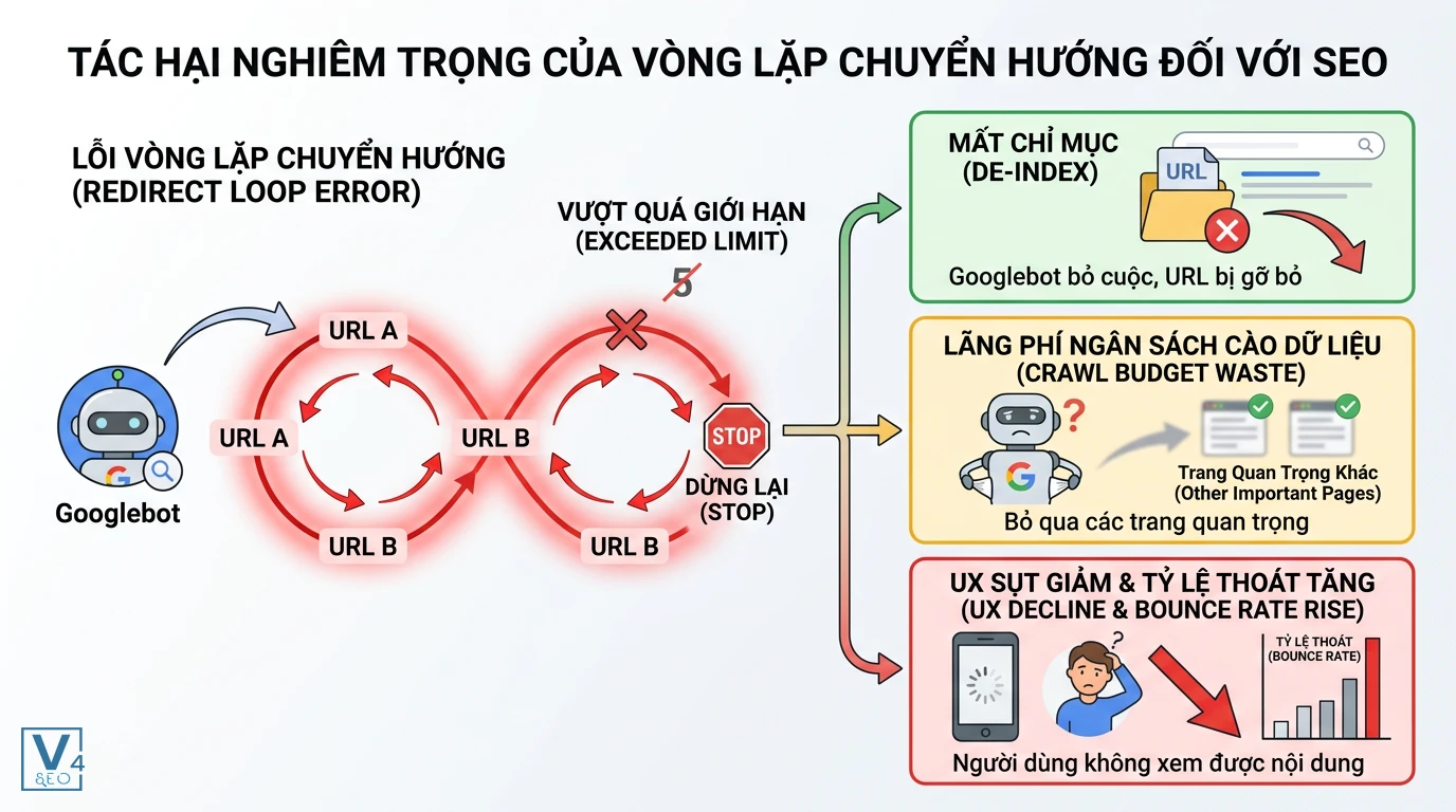 tac-hai-cua-redirect-loop-doi-voi-seo Sơ đồ mô tả tác hại của redirect loop là gì đối với SEO như mất chỉ mục, lãng phí crawl budget và giảm trải nghiệm người dùng.