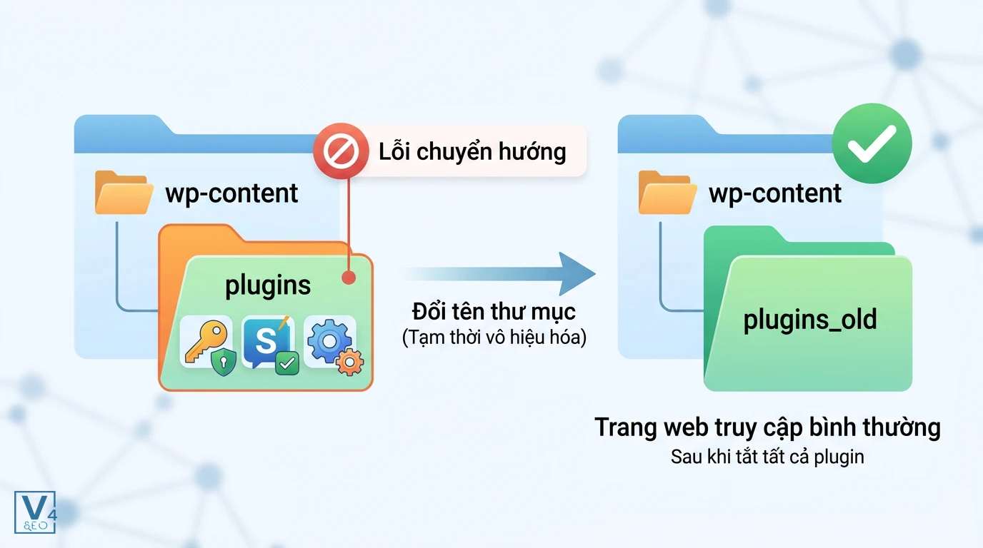 vo-hieu-hoa-plugin-wordpress-sua-loi-redirect Quy trình đổi tên thư mục plugins thành plugins_old để vô hiệu hóa plugin và sửa lỗi redirect loop trên WordPress.
