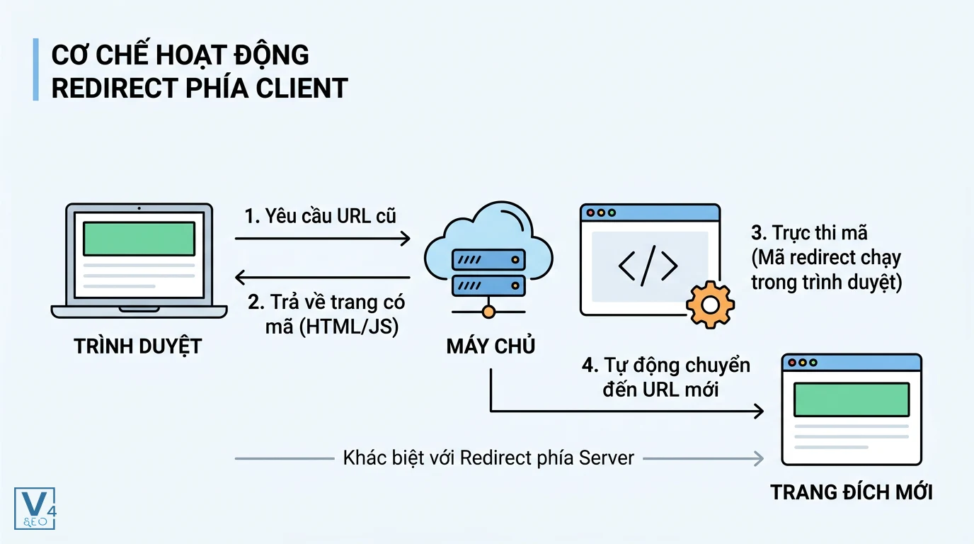 co-che-hoat-dong-redirect-phia-client Sơ đồ quy trình 4 bước giải thích cơ chế hoạt động redirect phía client là gì thông qua trình duyệt và mã HTML/JS.