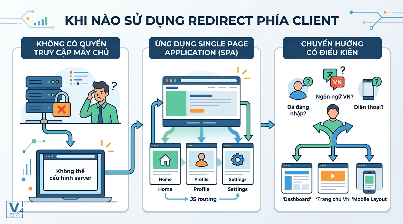 truong-hop-su-dung-client-side-redirect Ba trường hợp nên áp dụng redirect phía client gồm không có quyền server, ứng dụng SPA và chuyển hướng có điều kiện.