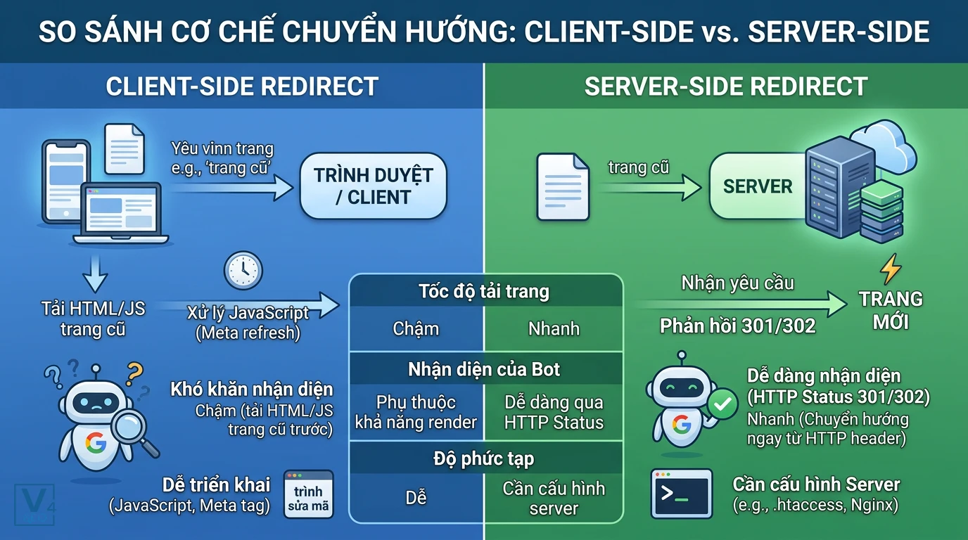 so-sanh-client-side-va-server-side-redirect Bảng so sánh cơ chế hoạt động, tốc độ và ảnh hưởng SEO giữa client-side redirect và server-side redirect.