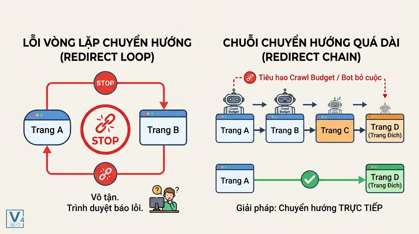 loi-redirect-loop-va-redirect-chain Sơ đồ so sánh lỗi vòng lặp chuyển hướng vô tận và chuỗi chuyển hướng quá dài gây lãng phí ngân sách thu thập dữ liệu.