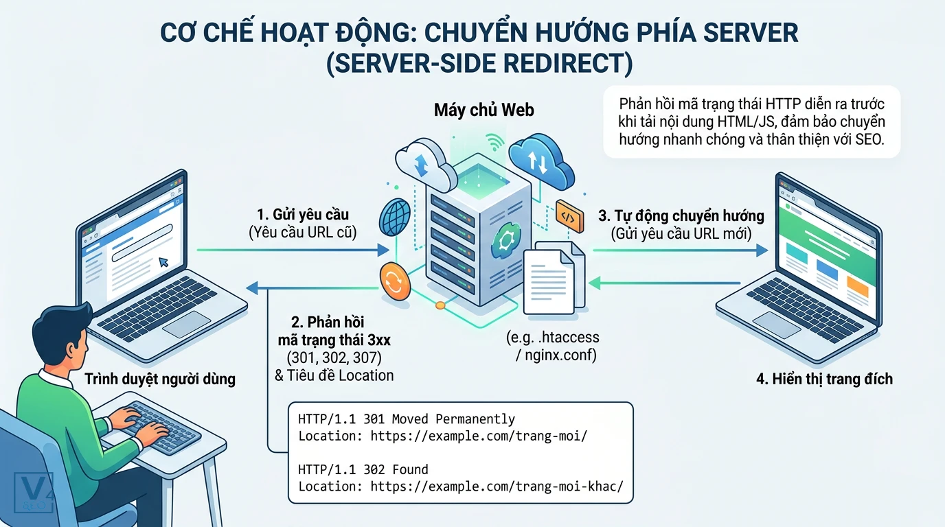 co-che-hoat-dong-server-side-redirect Sơ đồ quy trình 4 bước giải thích cơ chế hoạt động của redirect phía server giữa trình duyệt và máy chủ web.