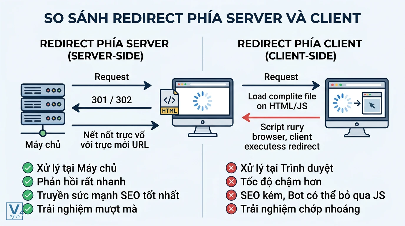 so-sanh-redirect-server-va-client Bảng đối chiếu cơ chế hoạt động và ưu nhược điểm giữa redirect phía server và redirect phía client.