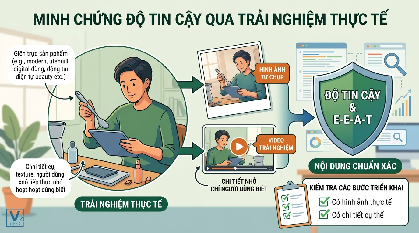 Minh chung do tin cay trong bai viet review Quy trình minh chứng độ tin cậy và E-E-A-T cho bài viết review bằng hình ảnh tự chụp và video trải nghiệm thực tế.