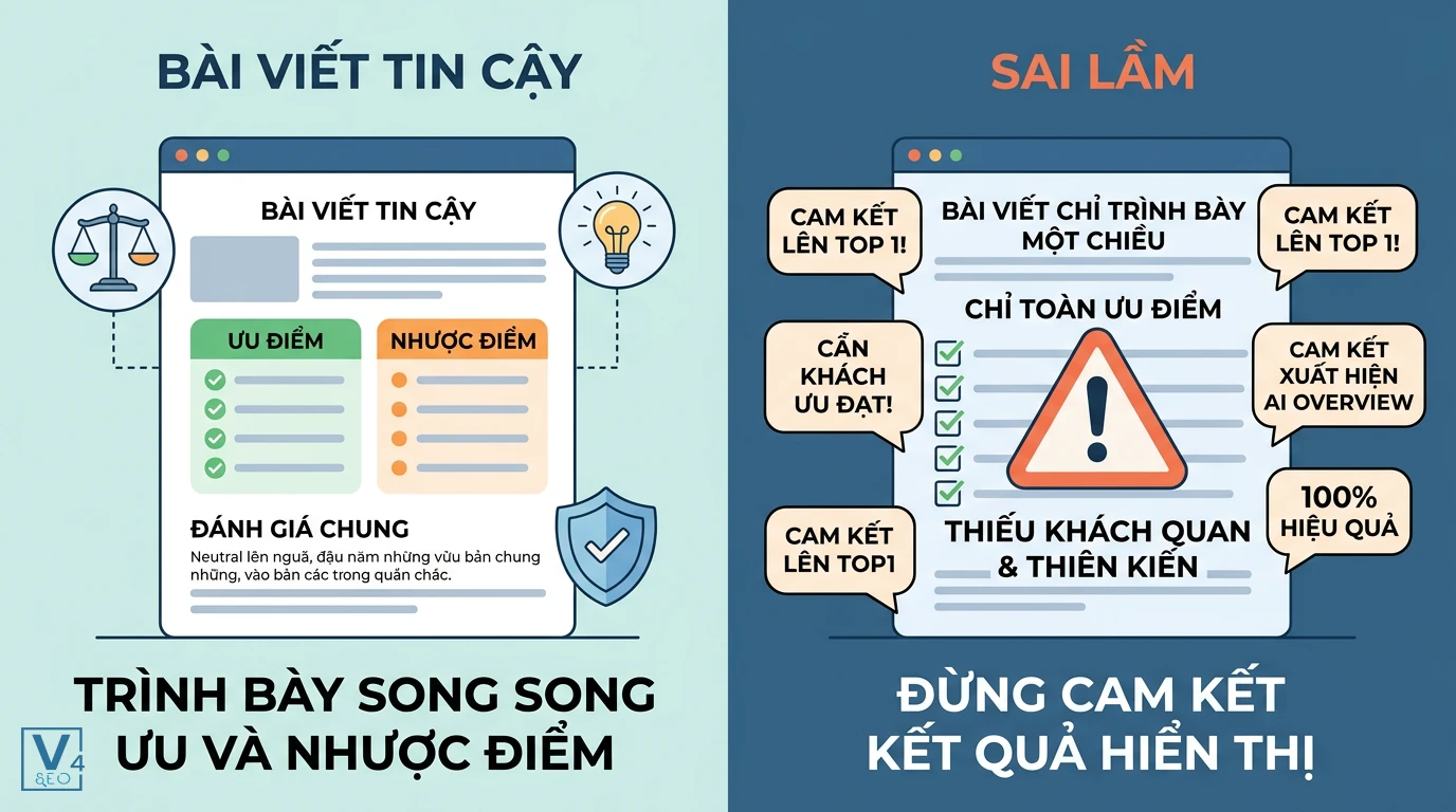 Sai lầm cần tránh khi viết bài đánh giá So sánh bài đánh giá tin cậy, khách quan với bài viết mắc sai lầm khi cam kết thứ hạng SEO.