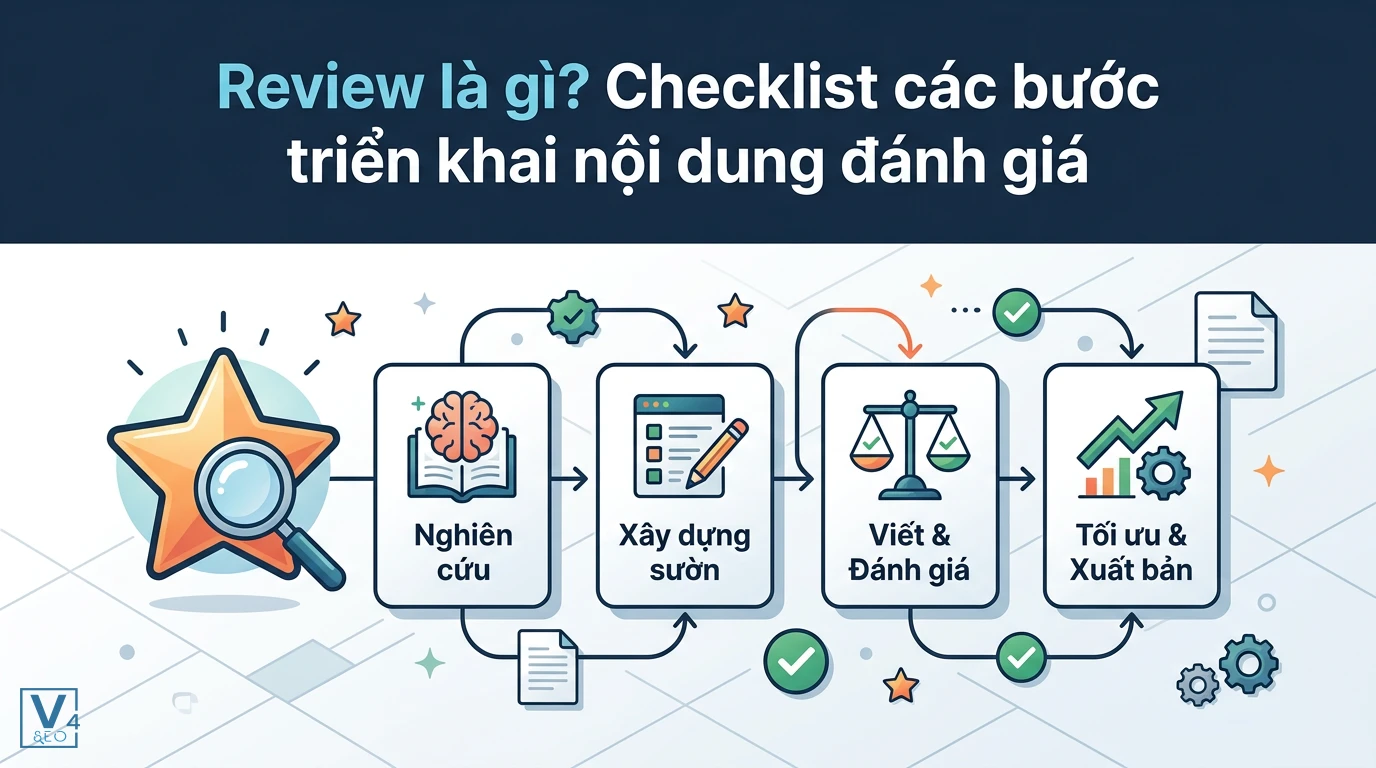Quy trình 4 bước triển khai nội dung review chuẩn gồm nghiên cứu, lập dàn ý, viết bài và tối ưu xuất bản.