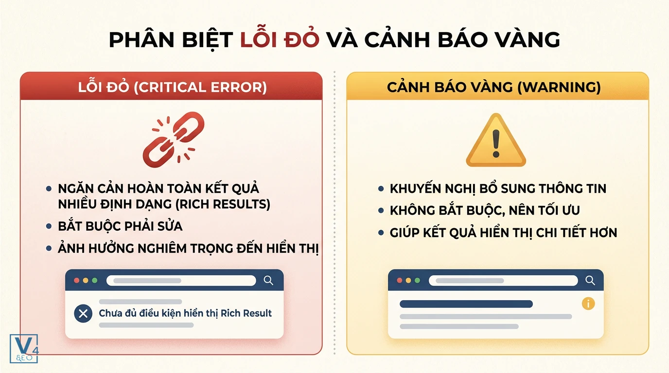 so-sanh-loi-do-va-canh-bao-vang-rich-results Bảng so sánh mức độ nghiêm trọng giữa lỗi đỏ bắt buộc sửa và cảnh báo vàng khuyến nghị khi kiểm tra Rich Results Test.