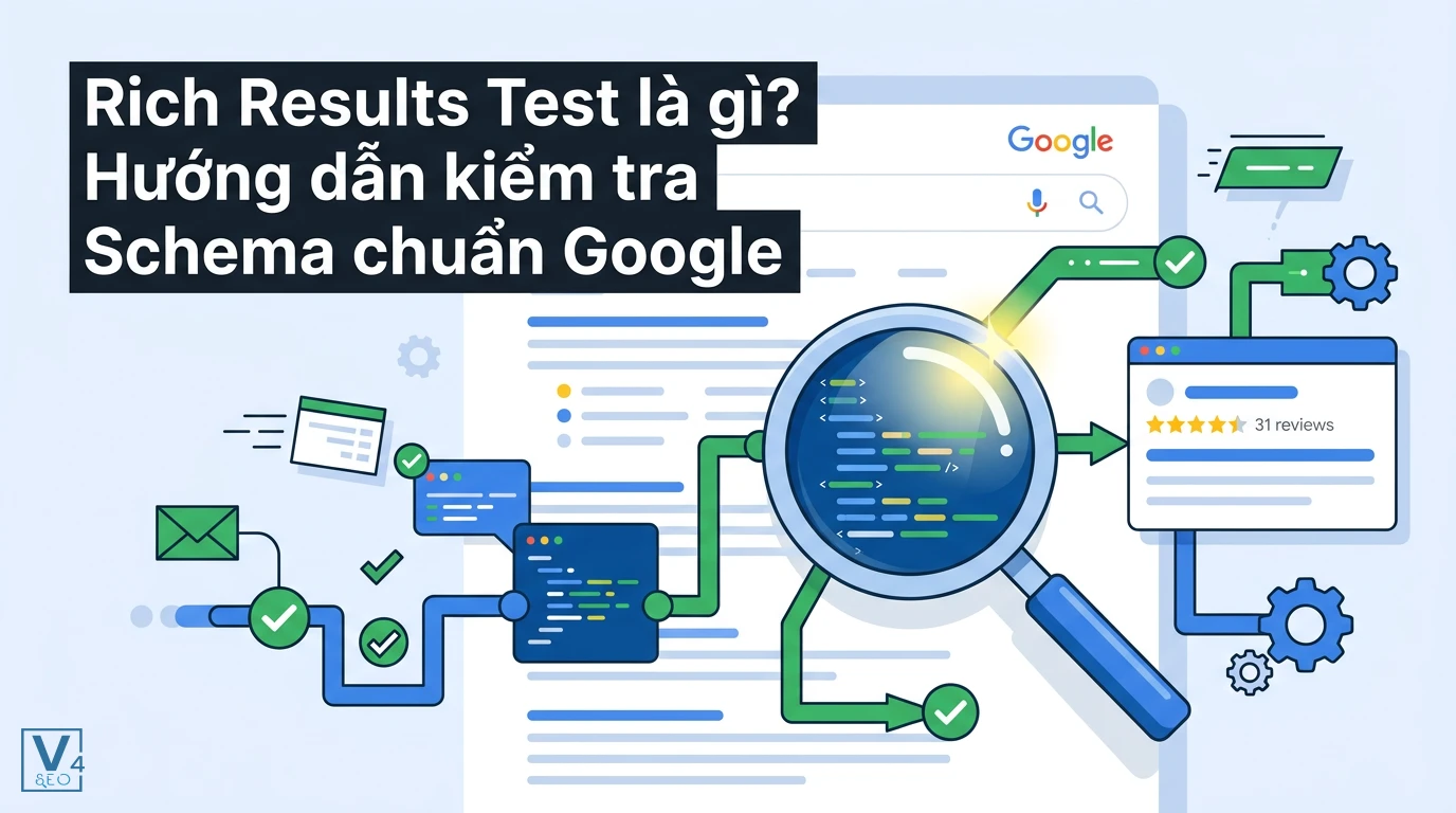 Quy trình phân tích mã nguồn Schema bằng công cụ Rich Results Test để hiển thị kết quả tìm kiếm nổi bật trên Google.