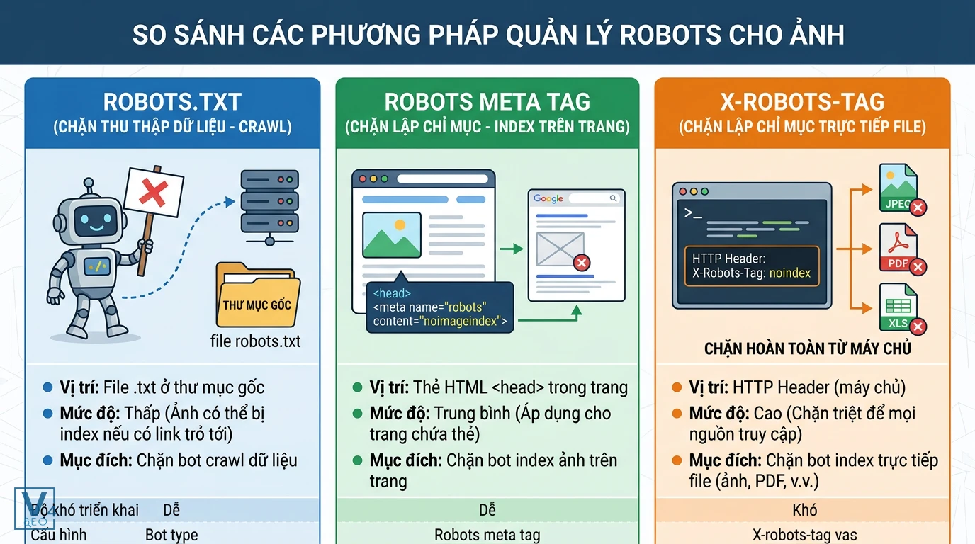 so-sanh-phuong-phap-quan-ly-robots-cho-anh Bảng so sánh ba phương pháp quản lý robots cho ảnh gồm Robots.txt, Robots Meta Tag và X-Robots-Tag.