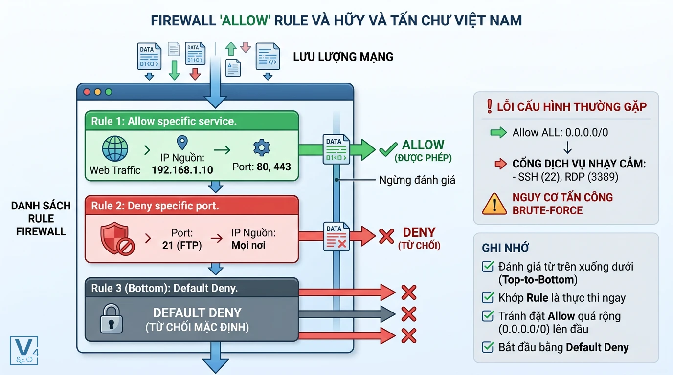 co-che-hoat-dong-rule-allow-firewall Sơ đồ cơ chế hoạt động của rule allow là gì trong việc lọc lưu lượng mạng và thứ tự ưu tiên trên firewall.