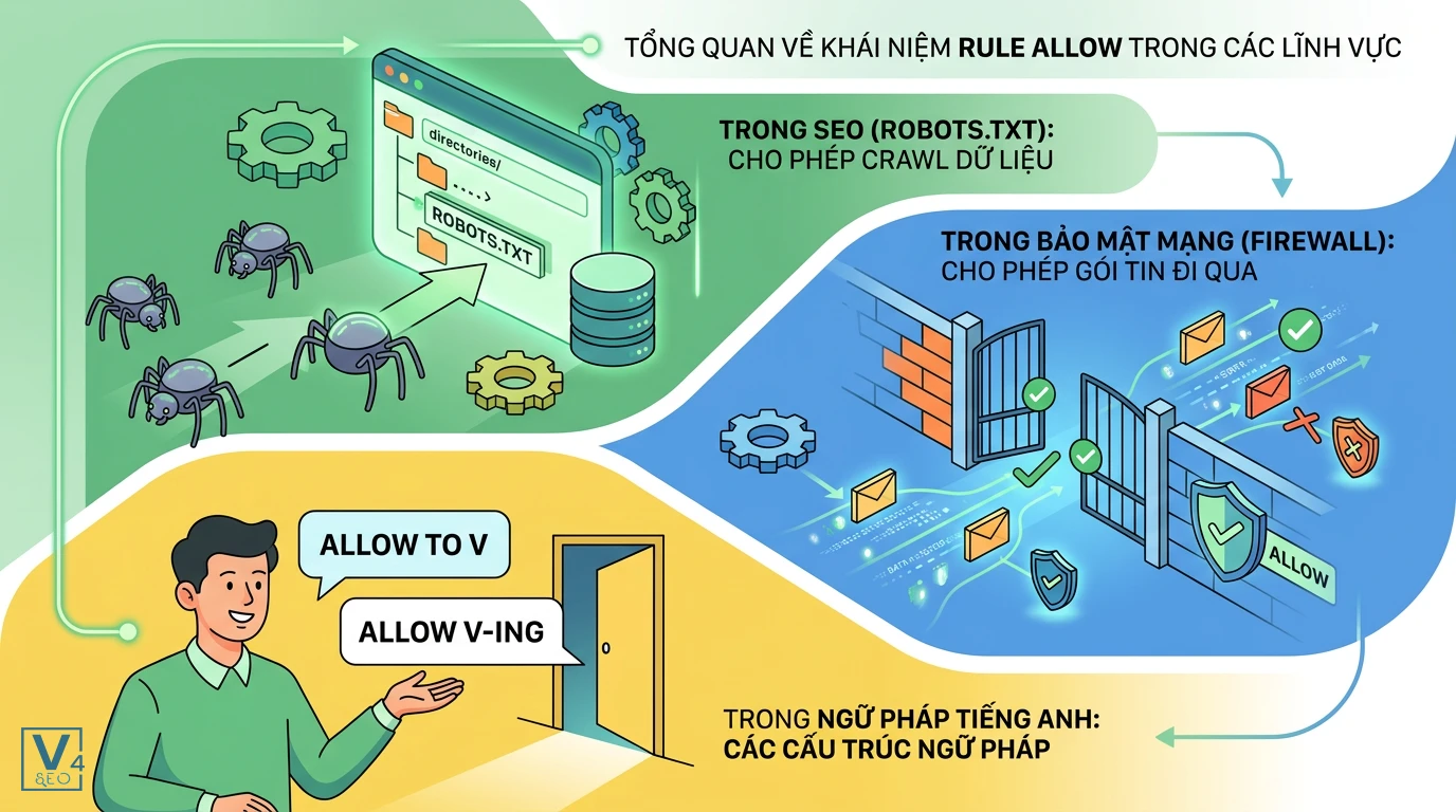 tong-quan-khai-niem-rule-allow Sơ đồ giải thích rule allow là gì trong ba lĩnh vực chính gồm SEO, bảo mật tường lửa và ngữ pháp tiếng Anh.