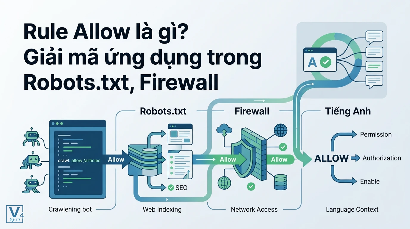 Sơ đồ giải thích rule allow là gì trong cấu hình robots.txt cho SEO, thiết lập bảo mật firewall và ngữ pháp tiếng Anh.