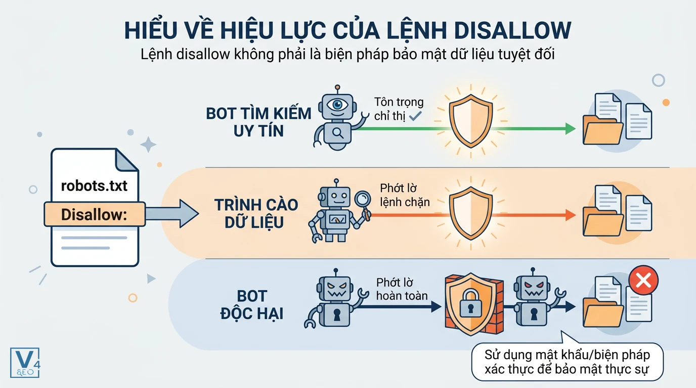 hieu-luc-gioi-han-lenh-disallow-robots-txt Sơ đồ giải thích rule disallow là gì và cơ chế phản hồi khác nhau của bot tìm kiếm, trình cào dữ liệu và bot độc hại