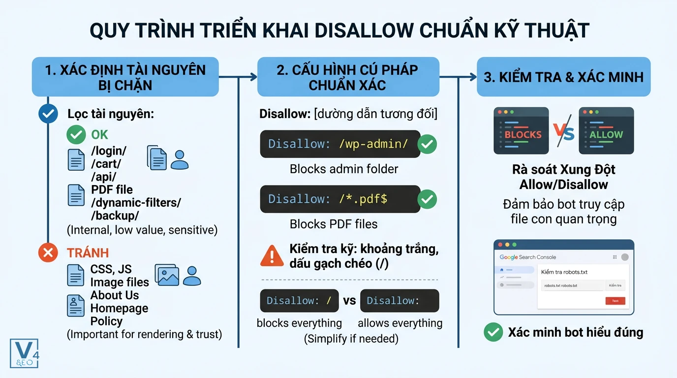 quy-trinh-trien-khai-rule-disallow-chuan-seo Sơ đồ 3 bước triển khai rule disallow chuẩn kỹ thuật gồm lọc tài nguyên, viết cú pháp và kiểm tra xung đột robots.txt.